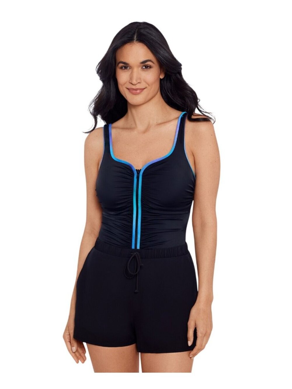 NWT Mimi Flamingo Zip-Up One-Piece Swimsuit Romper 70100058M Black / Blue 16